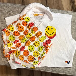 Aviator Nation Smiley Face Repeat Set Shorts//Sleeveless‎ Hoodie Size Medium